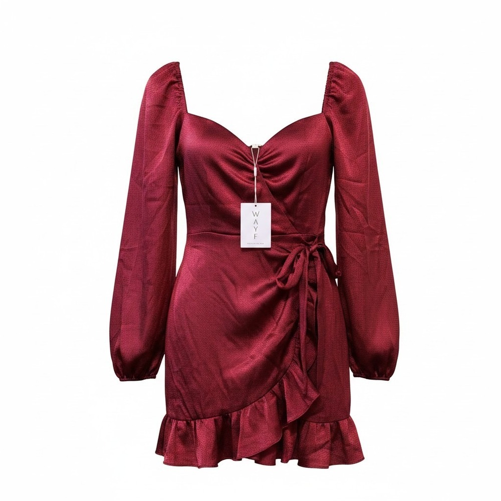 WAYF Mini Dress Women Medium Burgundy Satin Long Sleeve Faux Wrap Ruffle Hem